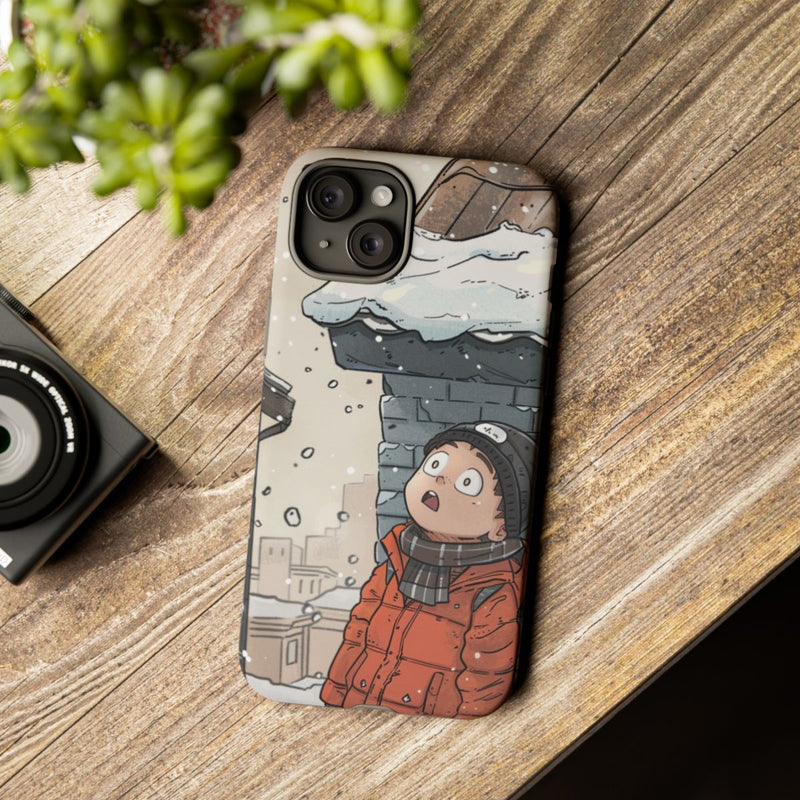 Chibi Man met Winterjas Kijkt Op naar Besneeuwd Dak