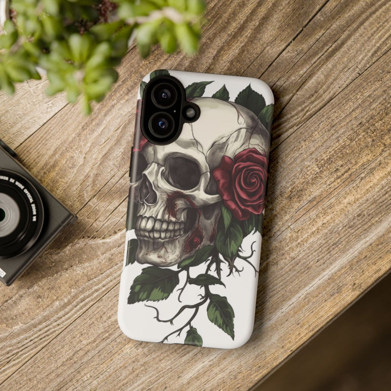Schedel met Rode Rozen en Groene Bladeren
