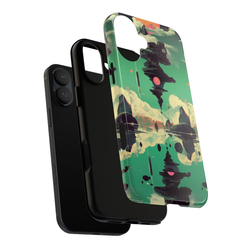 Surrealistisch Zwevende Rotsformatie met Roze Zonnen