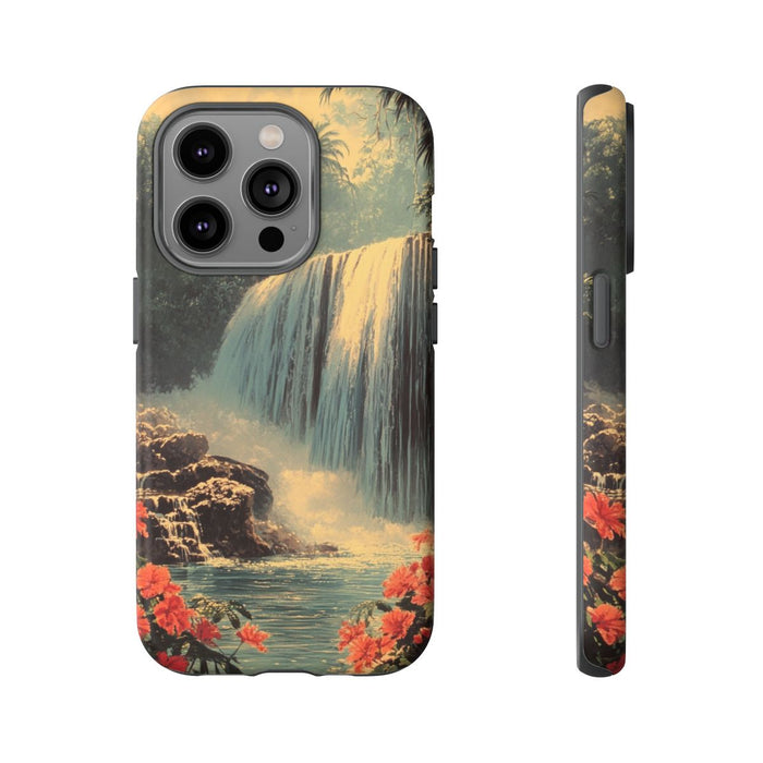 Tropische Waterval met Rode Bloemen