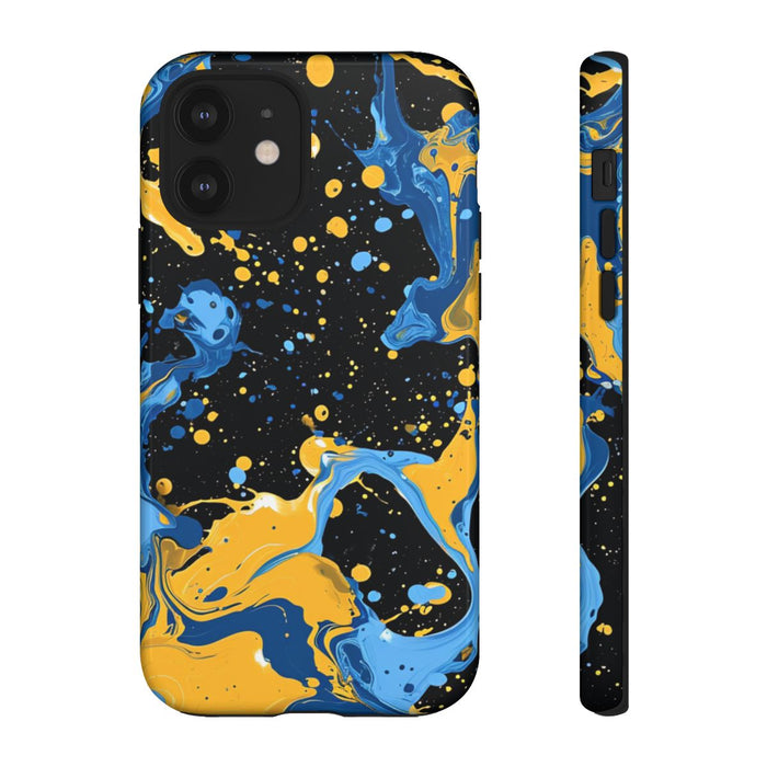 Blauwe en Gele Verfspatten Abstract