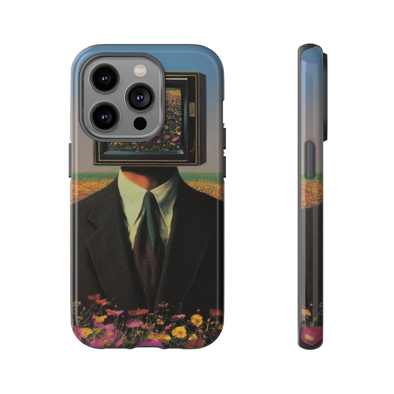 Surrealistische Man met Televisiehoofd in Bloemenveld