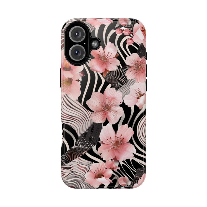 Roze Kersenbloesems met Zwart-Wit Abstract Patroon