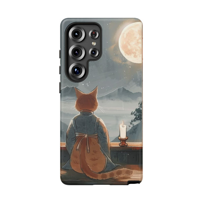 Kat in Traditioneel Gewaad die naar de Maan Kijkt