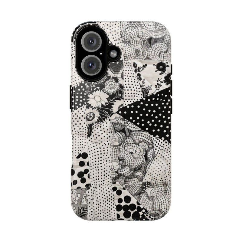 Zwart-Wit Patchwork met Bloemen en Stippen
