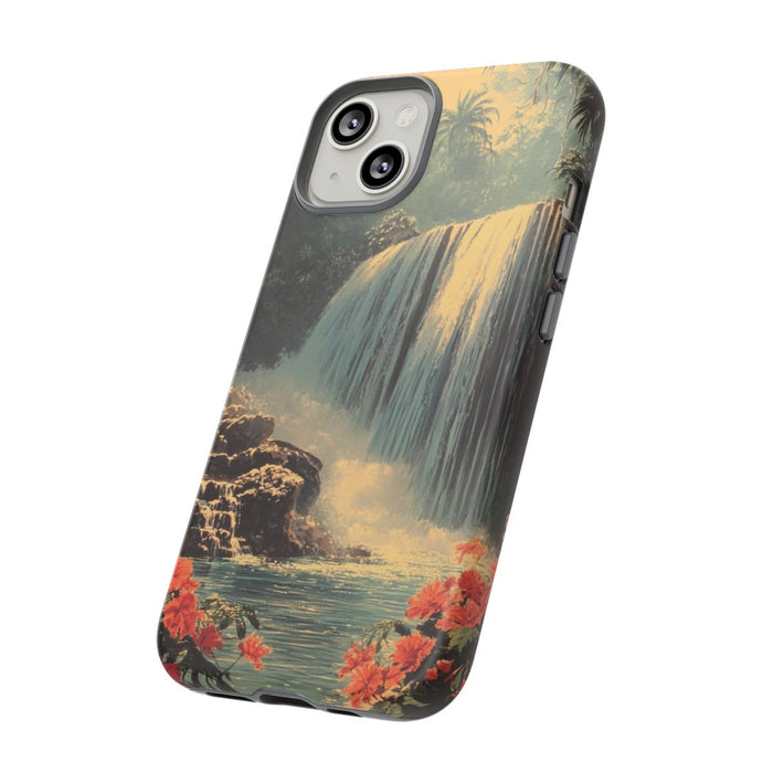 Tropische Waterval met Rode Bloemen