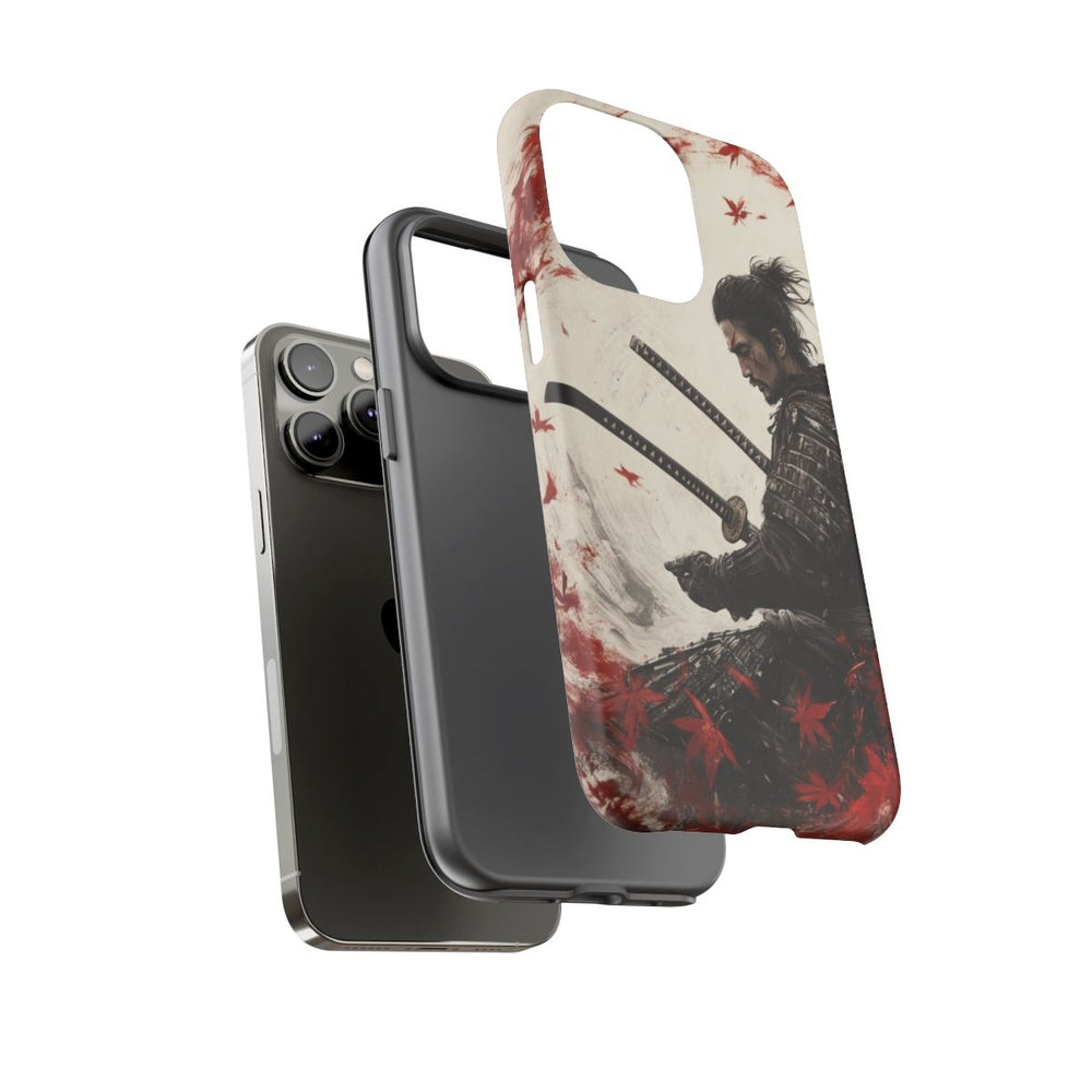 Samurai met Twee Katana's en Rode Esdoornbladeren