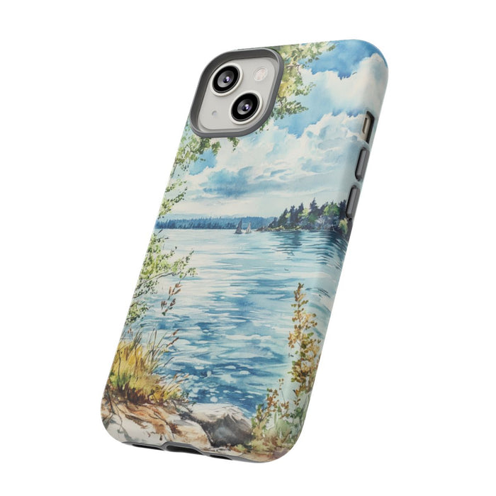 Aquarel Landschap met Meer, Bomen en Zeilboten