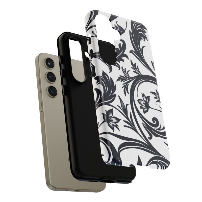 Zwart-Wit Bloemmotief met Sierlijke Krullen