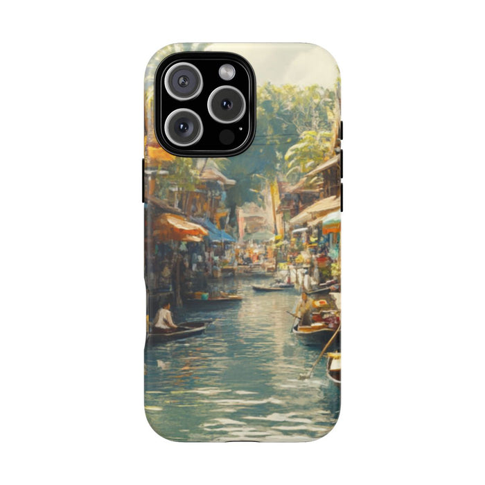 Levendige Watermarkt met Boten en Kramen