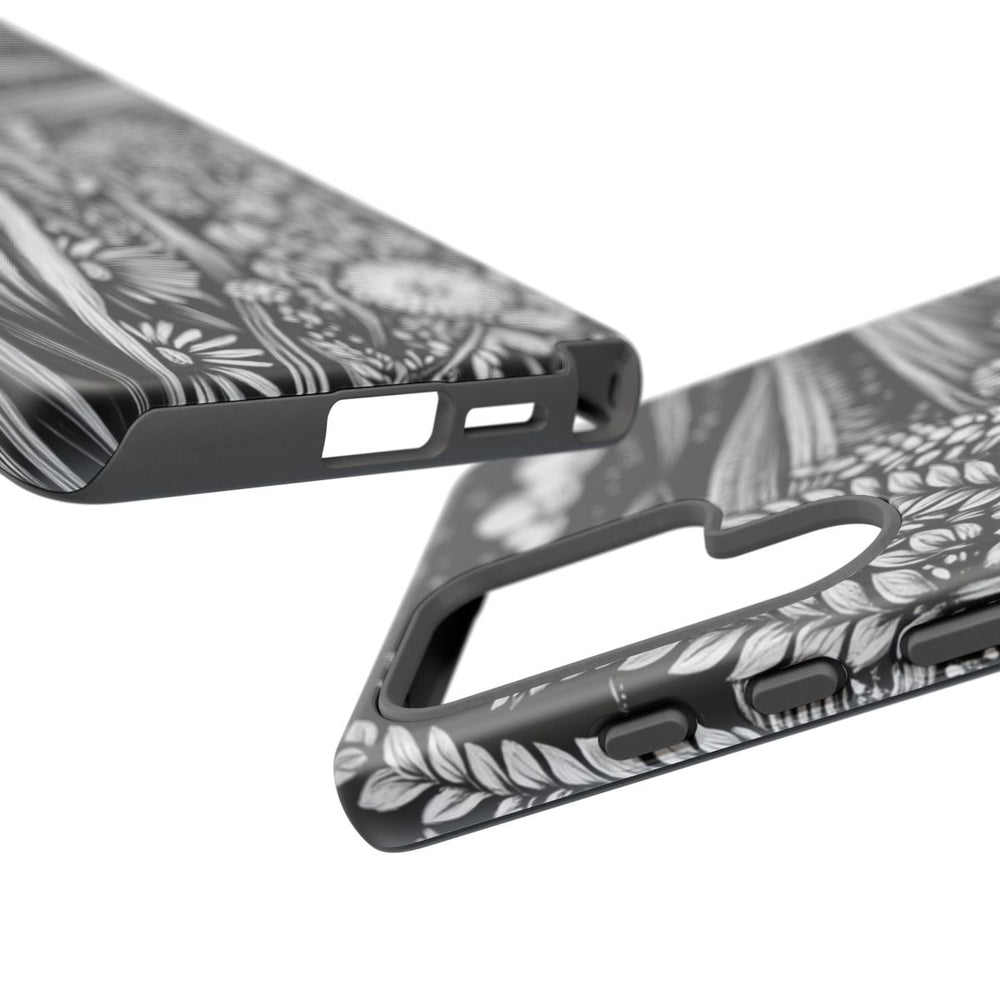 Zwart-Wit Folk Art Landschap met Tarwe en Bloemen