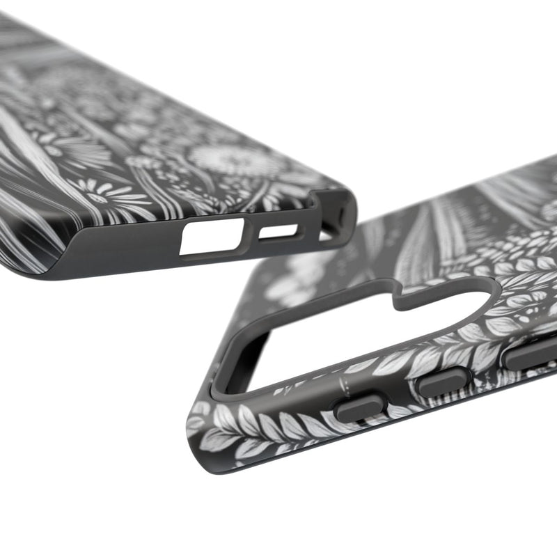 Zwart-Wit Folk Art Landschap met Tarwe en Bloemen