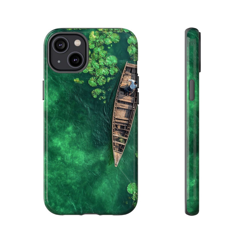 Luchtfoto van Visser op Houten Boot met Lotusbladeren