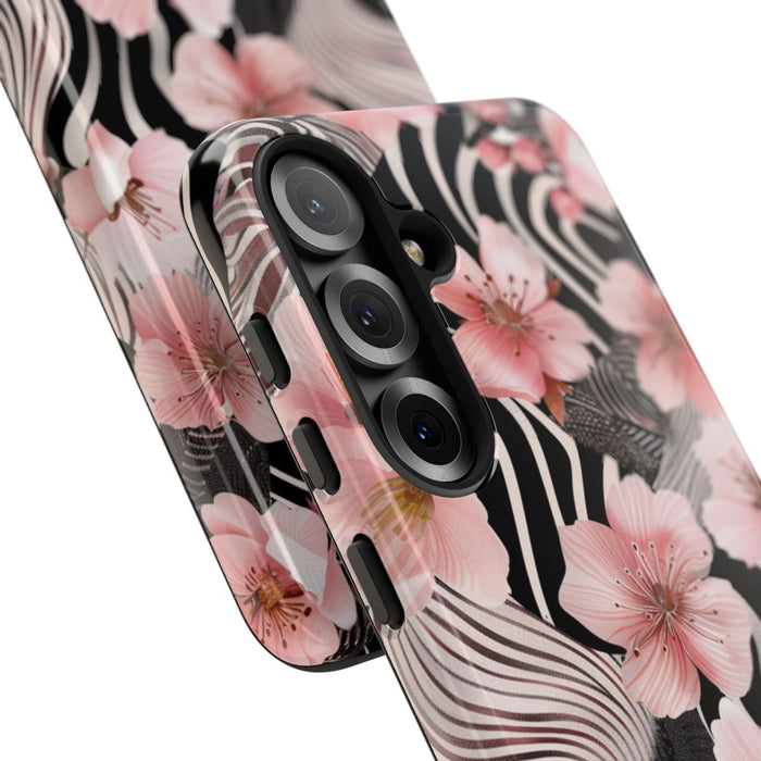 Roze Kersenbloesems met Zwart-Wit Abstract Patroon